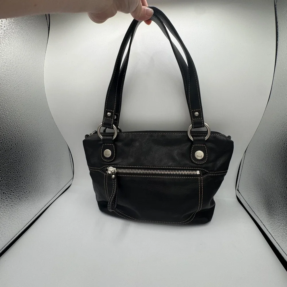 Fossil Black Pebbled Leather Shoulder Bag Contrast Stitch Hobo Purse ZB9384